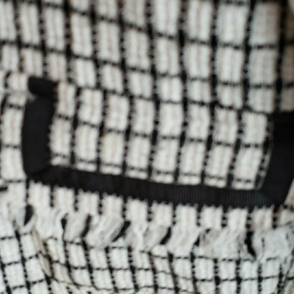 Chico's Blazer Jacket Womens 1 White Black Check Tweed Fringe Open Front Lined - Picture 5 of 8